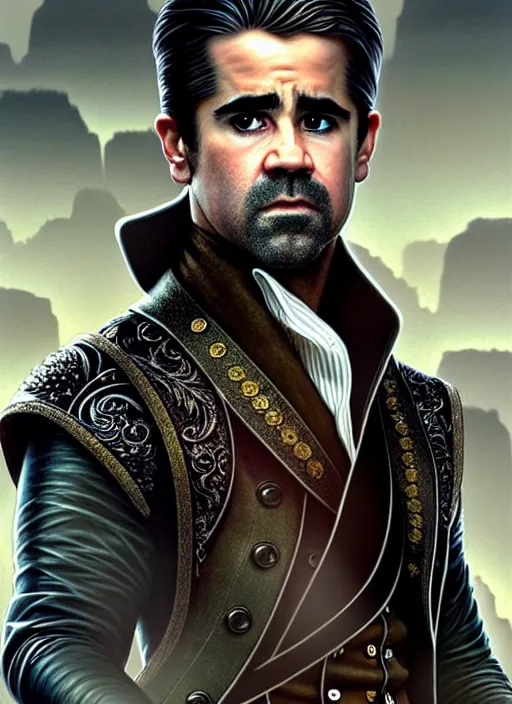 Image similar to colin farrell as a aristocrat wearing shelby boots, detailed face, d & d, wet, shiny, fantasy, intricate, elegant, hyper detailed, ultra definition, photoreal, artstation, unreal engine rendered, concept art, smooth, sharp focus, illustration, art by artgerm and greg rutkowski and alphonse mucha and garis edelweiss