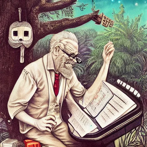 Image similar to old man white beard playing a synthesizer in a tree house, notes and clefs listening , lowbrow surrealistic, in the style of Mark Ryden,