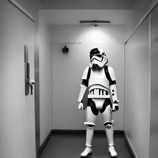 Image similar to an amazing award winning photo of a stormtrooper standing in a room in an asylum