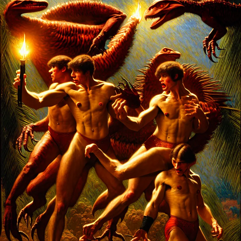 Prompt: velociraptors wrestling, hard lighting, full body, warm lighting, painting by gaston bussiere, craig mullins, j. c. leyendecker, lights, art by ernst haeckel, john william godward, hammershøi