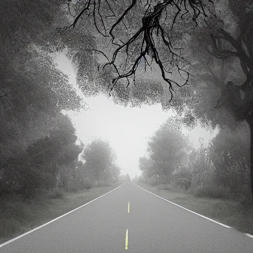 Prompt: a black and white photo of a tree on the side of a road, a matte painting by richard benning, cgsociety, generative art, aftereffects, matte painting, rendered in cinema 4 d