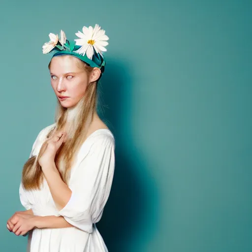 Prompt: a photograph of beautiful nordic woman wearing a white folkdrakt dress, she has a summer flower headband. against a teal studio backdrop. strong kodak portra 4 0 0 film look. film grain. cinematic. in - focus