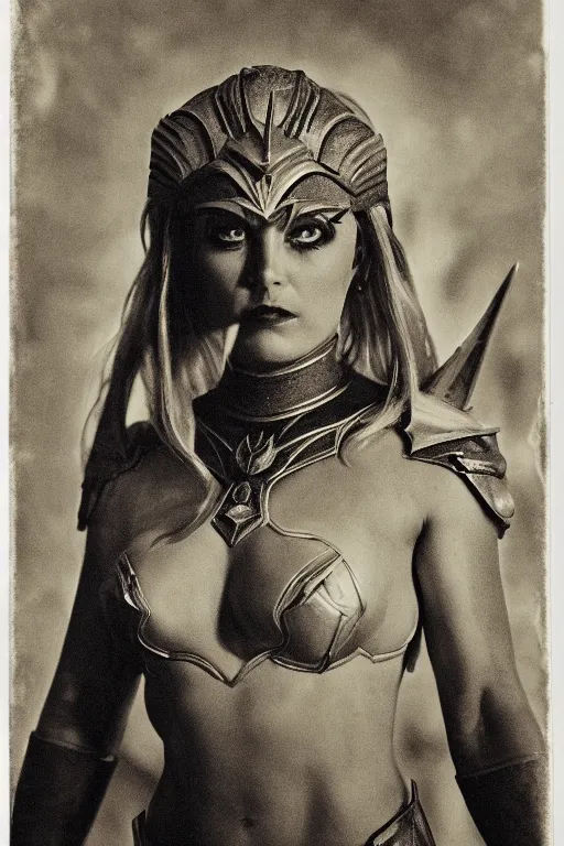 Image similar to she - ra, portrait, full body, symmetrical features, silver iodide, 1 8 8 0 photograph, sepia tone, aged paper, sergio leone, master prime lenses, cinematic