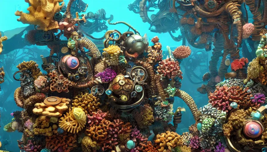 Prompt: steampunk coral reef, octane render, high detail, trending on artstation, high quality wallpaper