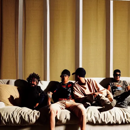 Prompt: gang members chilling around dirty couch in a beige room sun barely shines through the blinds jonathan zawada style photography