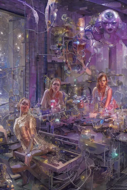 Prompt: sparkly machines listen symbolically in the tar house, by artgerm and Craig Mullins, James Jean, Andrey Ryabovichev, Mark Simonetti and Peter Morbacher 16k