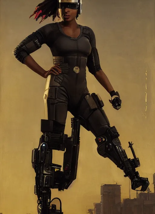 Prompt: Juliana Igwe. Buff Cyberpunk policewoman with robotic stilt legs. (Cyberpunk 2077, bladerunner 2049). gorgeous face. Patrolling at night. Iranian orientalist portrait by john william waterhouse and Edwin Longsden Long and Theodore Ralli and Nasreddine Dinet, oil on canvas. Cinematic, vivid colors, hyper realism, realistic proportions, dramatic lighting, high detail 4k