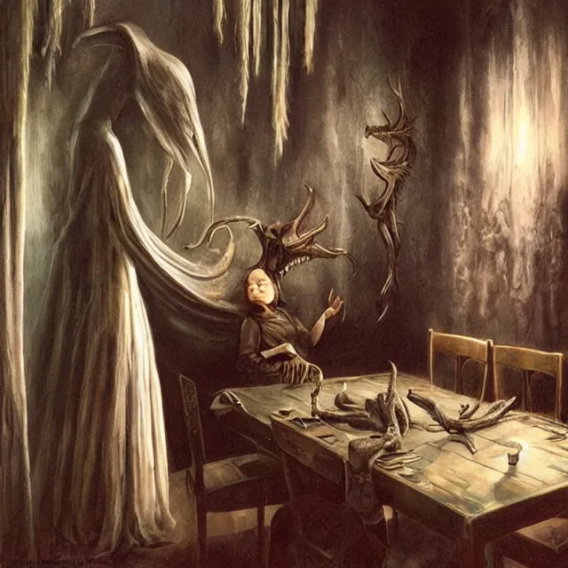 Image similar to a strange creature greeting a female explorer in a dining room, haunted house, masterpiece, detailed human face, rhads!!!, magical realism, urban fantasy, a hooded figure, a fierce woman, ( h. r. giger )