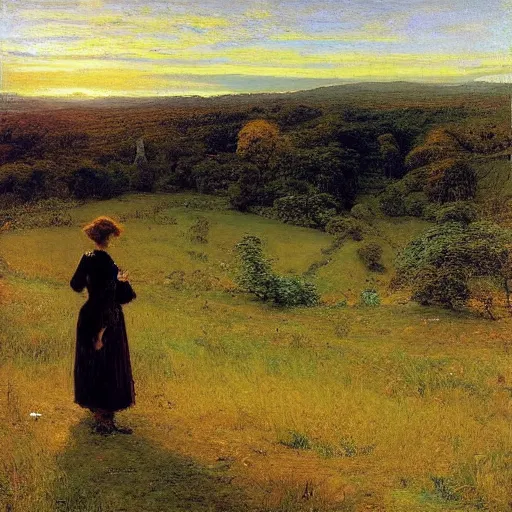 Image similar to Wanderer looking at a lush valley, distant forest, sunset, sunrays, masterful painting by John Everette Millais