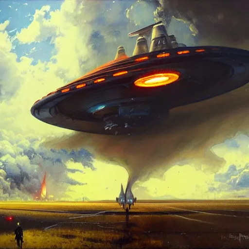 Image similar to a huge spaceship landing, the spaceship is on fire, smoke, rainstorm, lightning, angry, kinetic, john sargent, adolphe bouguereaum, norman rockwell, style by peter deligdisch, concept art by jama jurabaev, trending on artstation, highly detailed oil painting,