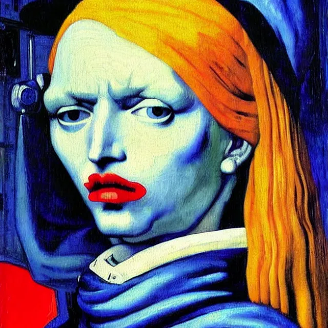 Image similar to a beautiful painting cyberpunk robot donald trump face, by kelly mckernan guido reni jan vermeer brief biography van gogh edvard munch dana irving lawren harris realistic oil painting