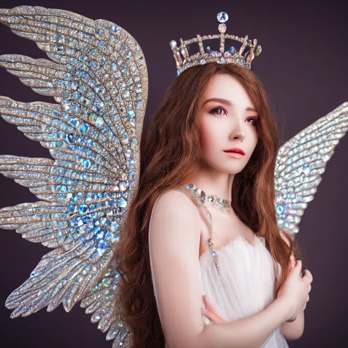 Image similar to photo of a real - life bueatiful angel queen with crystal wings, highly detailed, 4 k, hdr, smooth, sharp focus, high resolution, award - winning photo