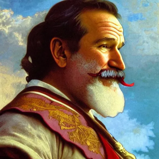 Image similar to a detailed portrait of robin williams as santa ana at the alamo, long twirling moustache, by alphonse mucha and albert bierstadt and thomas moran and charles russel, god rays, intricate detail, cinematic, 8 k, featured on artstation, pixiv