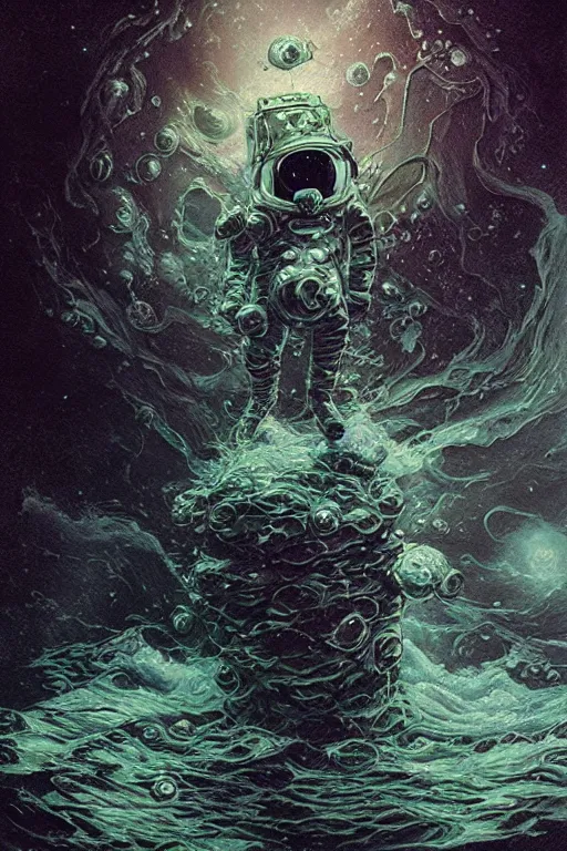 Image similar to close up shot of a full body floating astronaut portrait water elemental, high contrast, james gurney, peter mohrbacher, mike mignola, black paper, mandelbulb fractal, trending on artstation, exquisite detail perfect, large brush strokes, intricate ink illustration, black background