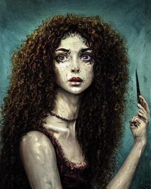 Prompt: a beautiful and eerie baroque painting of a gorgeous young woman from vampire the masquerade bloodlines, with wild, dark, curly hair and freckles and haunted eyes, 1 9 7 0 s, afternoon light, delicate embellishments, painterly, she looks like catherine of braganza