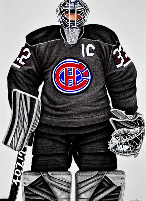 Image similar to portrait of supreme goaltender patrick roy, habs royalty, extravagant, lord, full body equipment, military goalie uniform, 4 stanley cups, fantasy, intricate, elegant, beautiful, highly detailed, charcoal, centered, dark, smokey, digital painting, artstation, concept art, art by artgerm and greg rutkowski and alphonse mucha