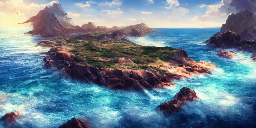 Image similar to a coastal landscape under a sunny blue sky with ocean in the foreground, hyper detailed, digital art, trending in artstation, cinematic lighting, studio quality, smooth render, unreal engine