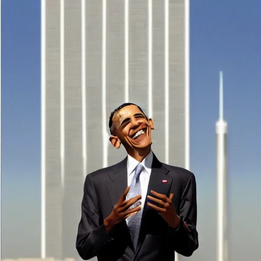 Image similar to obama laughing at 9 / 1 1 twin towers