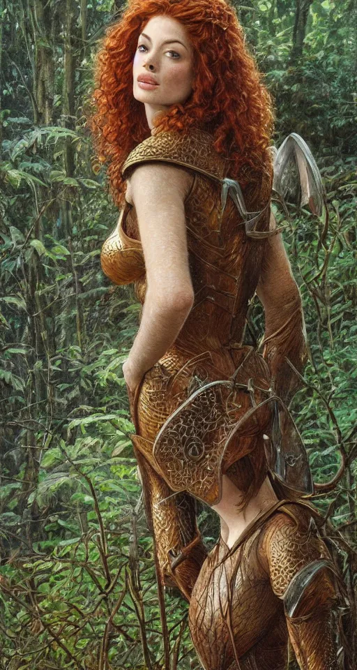 Image similar to Detailed painting of a curly redhead anne hathaway wearing elven armor in a forest landscape by Ted Nasmith