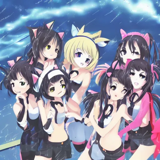 Image similar to key anime visual of a catgirls having fun together, ; rain falling; group shot; trending on Pixiv