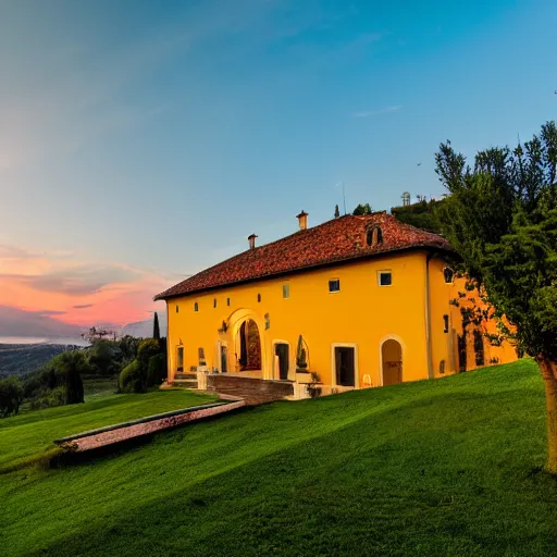 Prompt: big italian villa on top of hill sunset