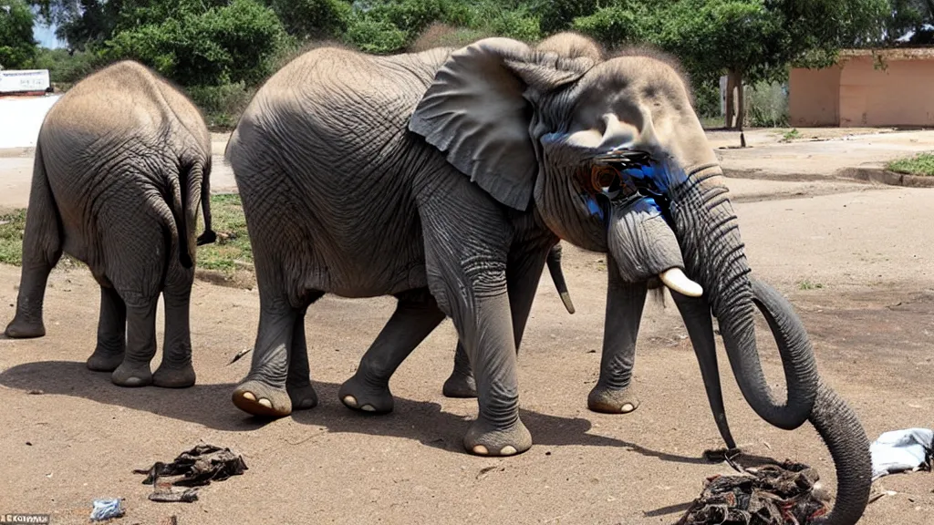 Image similar to an elephant stomps on a school, dead animals on the ground, guns on the ground in style of martin emond