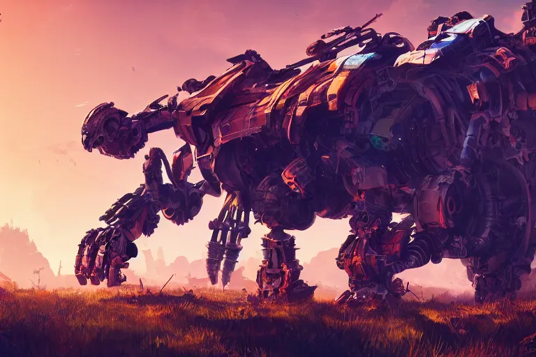 Image similar to scrapper machine mecanical creature robot of horizon forbidden west horizon zero dawn radiating a glowing aura global illumination ray tracing hdr fanart arstation by ian pesty and alena aenami artworks in 4 k