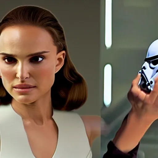 Image similar to natalie portman as a stormtrooper, taking her helmet off, not wearing a helmet, without a helmet on, by cameldeath