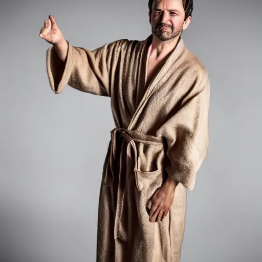 Image similar to richard iv the roman king, excited real human wearing beige bathrobe, soft studio lighting, sigma lens photo, he is dancing