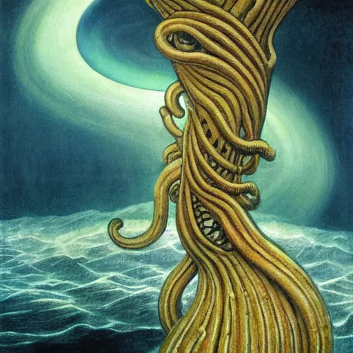 Image similar to vertical eyes, tentacle-enabled underwater human descendant, deep sea landscape, futuristic painting by jim burns, edward burne-jones, hironaka harumi, hd 8k