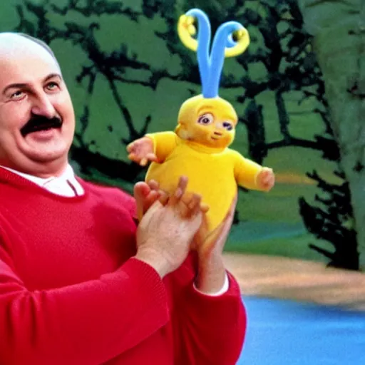 Image similar to happy alexander lukashenko starring in teletubbies