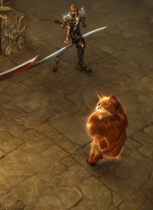 Prompt: a humanoid cat with a sword in elden ring, gameplay, boss fight, 8k, hd