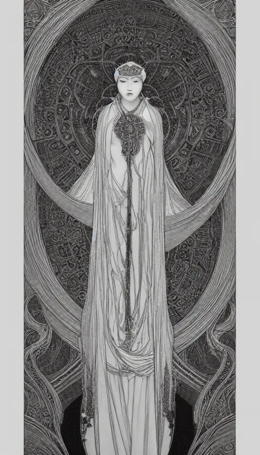 Image similar to yoon young bae as the high priestess, tarot design, by mucha, by agostino arrivabene, black and white graphite drawing, smooth render