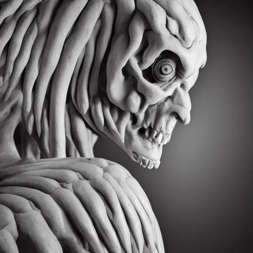 Image similar to marble bone demon statue, by francesco queirolo, highly detailed studio lighting, portrait photography, black - and - white photography, hyper realism, fantasy, 4 k,