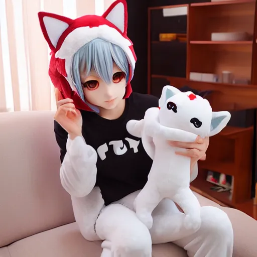 Prompt: cute fumo plush of a catboy in a onesie, anime girl, vray