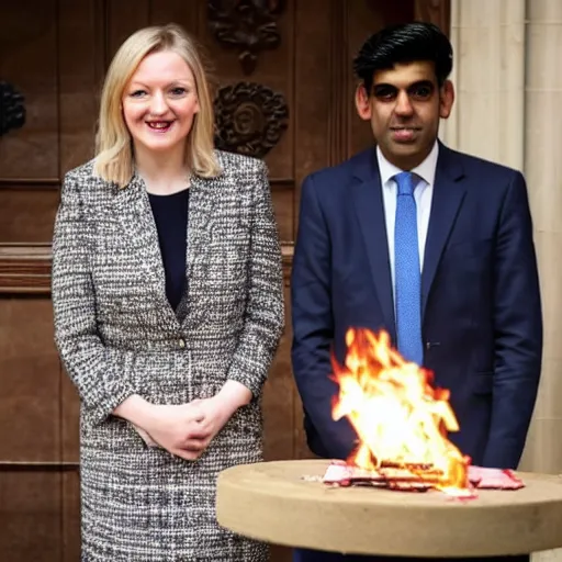 Image similar to Liz truss and Rishi sunak at parliament burning a pile of money. Daily Telegraph.