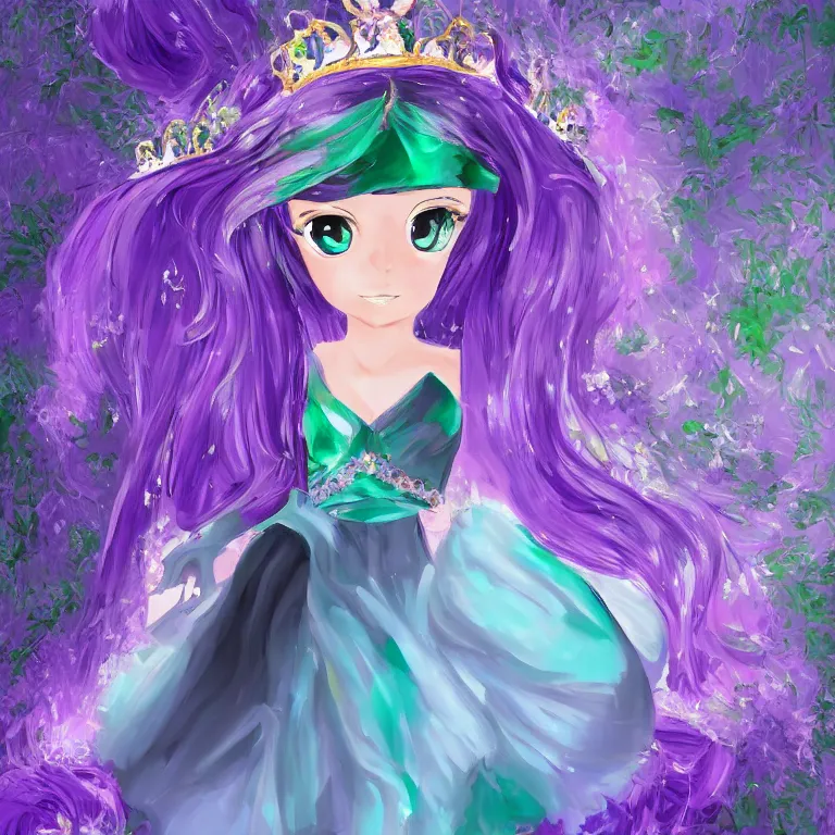 Image similar to Oil painting of a princess wearing a lavanda color dress, and a tiara with emeralds, long and straight black hair, digital art, 4k, anime style