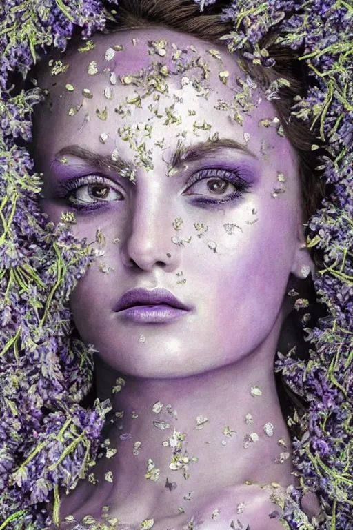 Prompt: hyperrealism close - up mythological portrait of a exquisite medieval woman's shattered face partially made of lavender flowers in style of art deco, wearing silver silk robe, dark palette