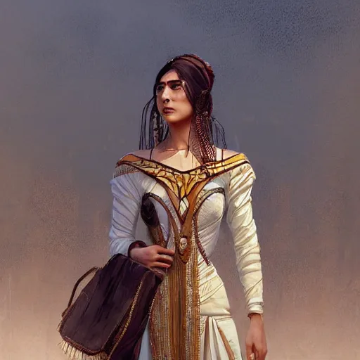 Image similar to A well dressed sumerian woman in a major Mesopotamian city, highly detailed, digital painting, artstation, concept art, sharp focus, illustration, cinematic lighting, art by artgerm and greg rutkowski and alphonse mucha