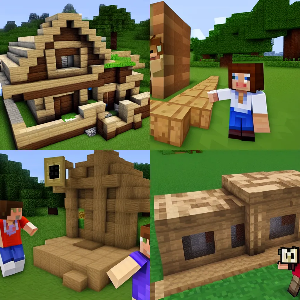 Prompt: minecraft's steve and alex building a house, gameplay, pixelart