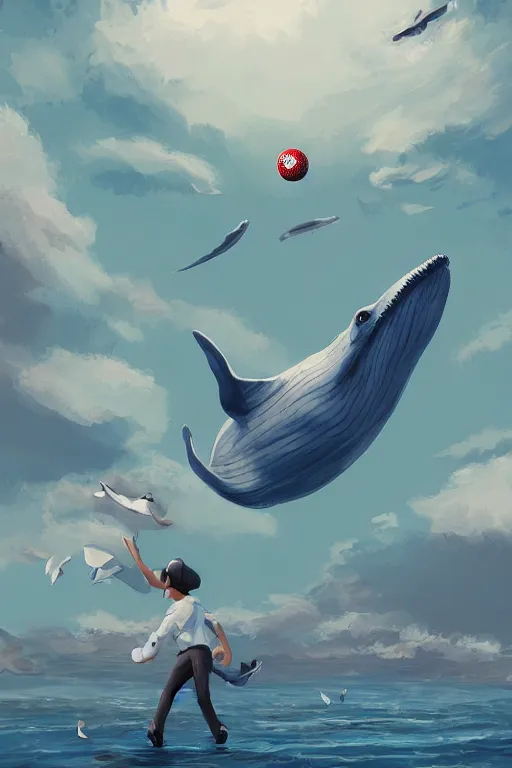 Image similar to people playing baseball while whales fly in the sky, digital art, artstation trending, digital painting