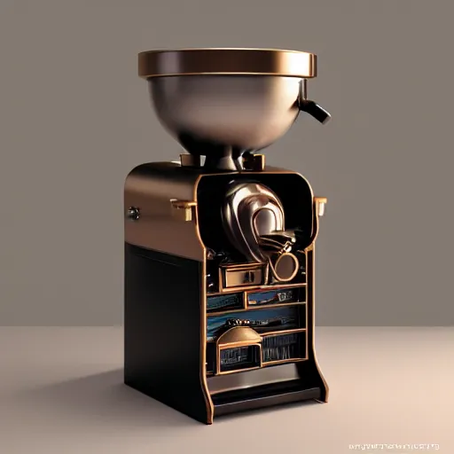 Image similar to a retrofuturistic mechanical coffee grinder, ultra detailed, octane render, 8 k, hyper realistic, studio lighting, realistic materials