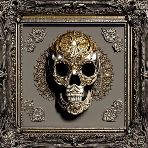 Prompt: a portrait of a beautiful ornate and intricate rococo skull with silver and gold details and diamonds inside a rococo frame, 4k, octane render, vray, unreal engine, photorealistic