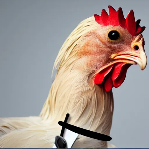 Image similar to a closeup shot of a chicken wearing a suit, photorealistic