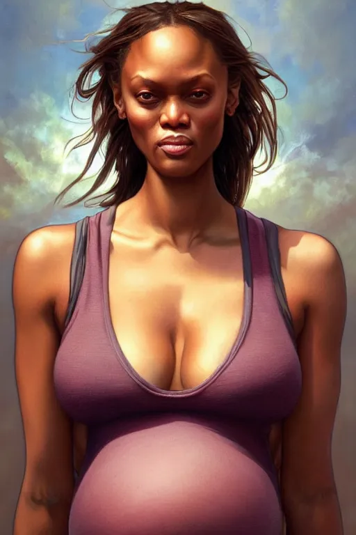 Prompt: pregnant tyra banks in a tank top, realistic portrait, symmetrical, highly detailed, digital painting, artstation, concept art, smooth, sharp focus, illustration, cinematic lighting, art by artgerm and greg rutkowski and alphonse mucha