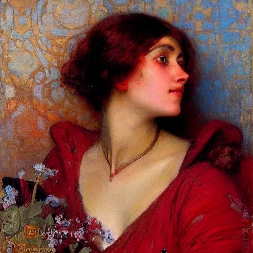 Prompt: beautiful portrait of a soulful elegenat woman against strong crimson background, oil painting, gaston bussiere, mucha, gerome,