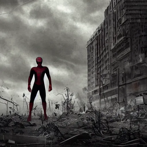 Image similar to dramatic scenes of wounded spiderman, post apocalyptic, sad ambience