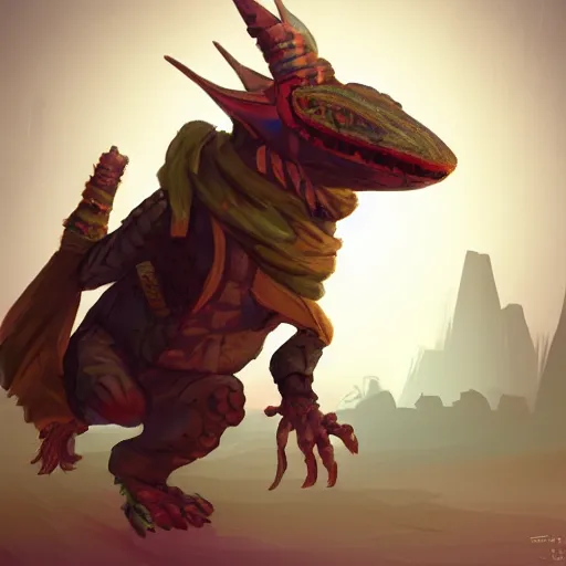 Prompt: very cute!!!!!!!!! anthro lizard standing on two legs, wearing a scarf, desert nomad, battle ready, concept art, trending artstation, apocalyptic, volumetric lighting.