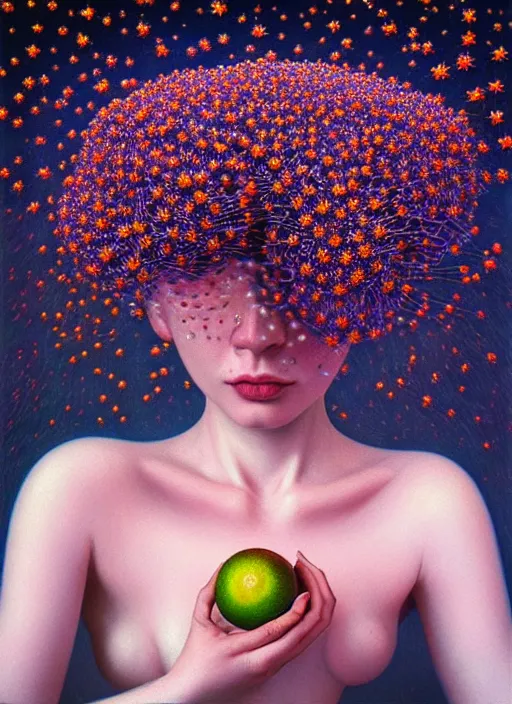 Image similar to hyper detailed 3d render like a Oil painting - Aurora (Singer) Eats of the Strangling Fruit and Her Hands full of gossamer polyp blossoms bring iridescent fungal flowers whose spores black the foolish stars by Jacek Yerka, Mariusz Lewandowski, Houdini algorithmic generative render, Abstract brush strokes, Masterpiece, Edward Hopper and James Gilleard, Zdzislaw Beksinski, Mark Ryden, Wolfgang Lettl, hints of Yayoi Kasuma, octane render, 8k