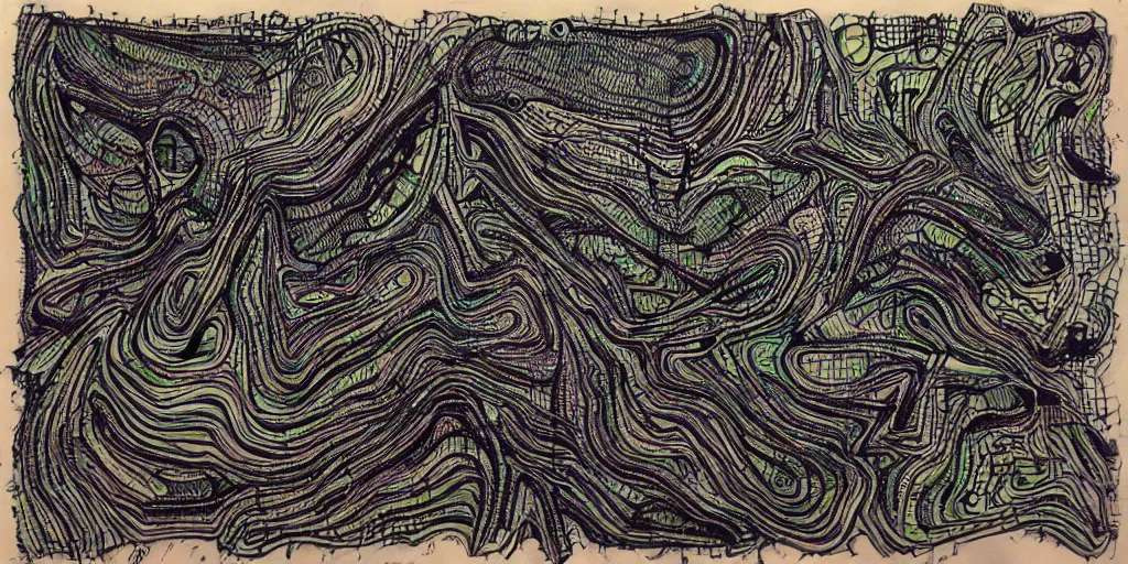 Image similar to camo of lines, technical, acrylic, teeth, eerie, tribal, clay, dots, lines, stipple, points, grid, cybernetic, old painting, swirly eyes, hypnosis